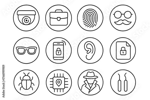 Espionage Icons Collection. Line style icons of espionage in round shape: hidden camera, briefcase, fingerprint, disguise; spy