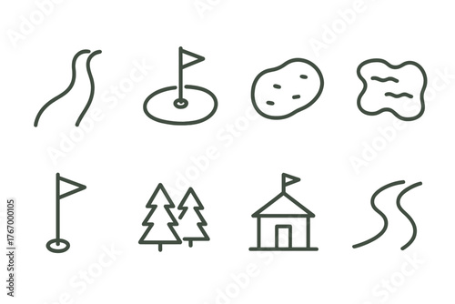 Golf Course Icons. Line style icons of Golf Course: Fairway, Green, Sand Trap, Water Hazard, Flag, Trees, Clubhouse, Pathway, No