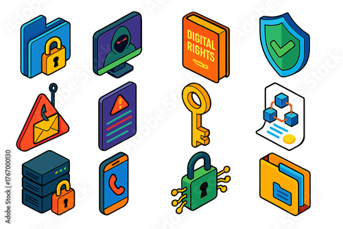 Cyber Law Icons. Isometric vector illustration set Law and Justice: cyber law file, hacking evidence screenshot, digital rights
