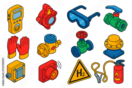 Hydrogen Safety Equipment Icons. Isometric vector illustration set Hydrogen Safety Equipment: gas leak detector, hydrogen flame