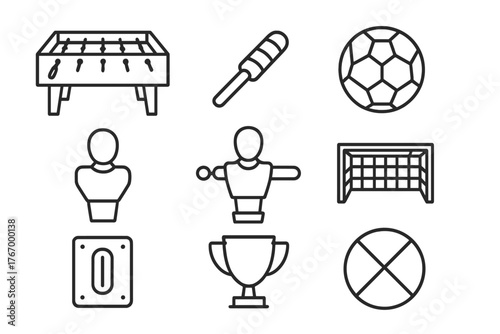 Foosball Icons Set. Line style icons of Foosball: Table, Handle, Soccer Ball, Player Figure, Score Beads, Goal Net, Coin Slot,
