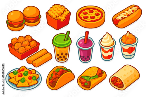 Vibrant Fast Food Icons. Isometric vector illustration set Fast Food Items: slider burgers, waffle fries, deep dish pizza, hot dog