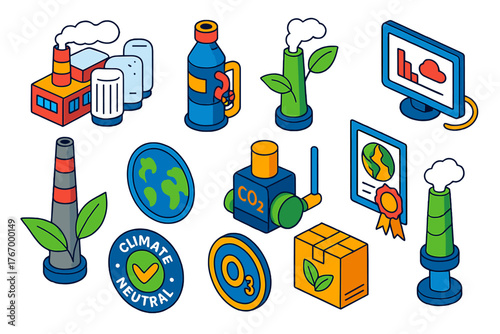 Eco-Friendly Factory Icons. Isometric vector illustration set Energy and Sustainability: factory with filters, air purifier,