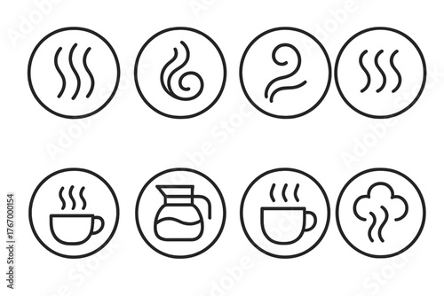 Steam and Aroma Icons. Line style icons of steam and aroma in round shape: steam rising lines, aroma swirl, cup with steam,