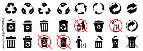 Recycle icon set. Recycling and packaging glyph icon set. Vector pictograms of compostable, biodegradable, leaf, reusable, trash bin, umbrella, raindrop, fragile, black sign silhouette illustration.