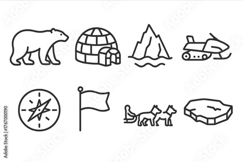 Arctic Icon Set. Line style icons of Arctic Exploration: Polar Bear, Igloo, Iceberg, Snowmobile, Compass, Flag, Sled Dogs, Ice
