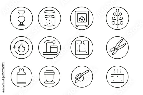 Lost Wax Casting Icons. Line style round vector icons of Lost Wax Casting: Wax Model, Investment Flask, Kiln Oven, Wax Sprue Tree;