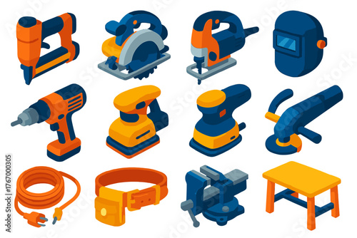 Construction Tools Collection. Isometric vector illustration set Construction: nail gun, circular saw, jigsaw, angle grinder,
