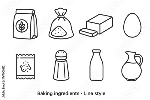 Baking Ingredients Icons. Line style icons of Baking ingredients: flour bag, sugar sack, butter block, egg, yeast packet, salt