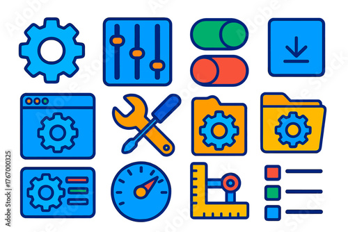 Colorful Settings Icons. Isometric vector illustration set General Settings: gear icon, sliders control panel, toggle switch on,