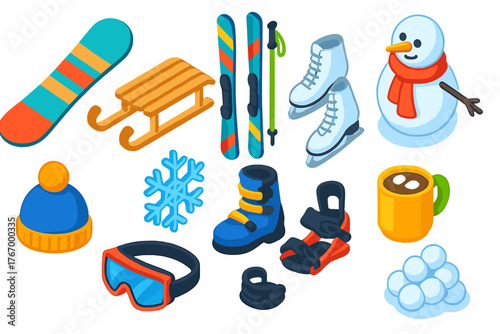 Winter Sports Icons. Isometric vector illustration set winter sports and fun: freestyle snowboard, alpine skis, figure skates,