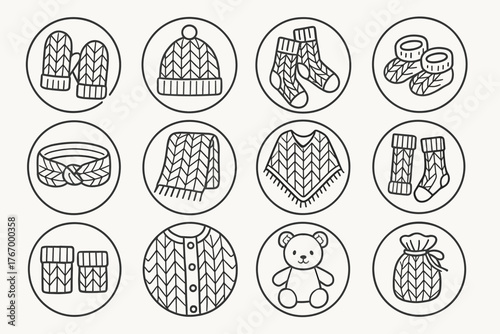 Knitted Items Icons. Line style icons of knitted items in round shape: mittens, beanie, socks, baby booties; headband, throw