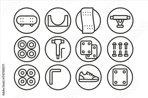 Skateboarding Gear Icons. Line style round vector icons of Skateboarding: Skateboard, Half-Pipe, Grip Tape, Truck; Bearings, Skate