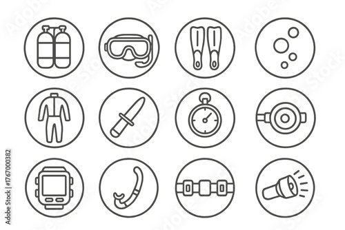 Scuba Diving Icons. Line style round vector icons of Scuba Diving: Oxygen Tank, Diver's Mask, Fins, Bubbles; Wetsuit, Dive Knife,