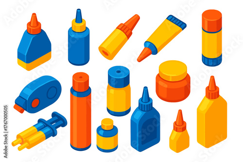 Colorful Glue Collection. Isometric vector illustration set Stationery: glue bottle, liquid adhesive, super glue tube, glue stick,