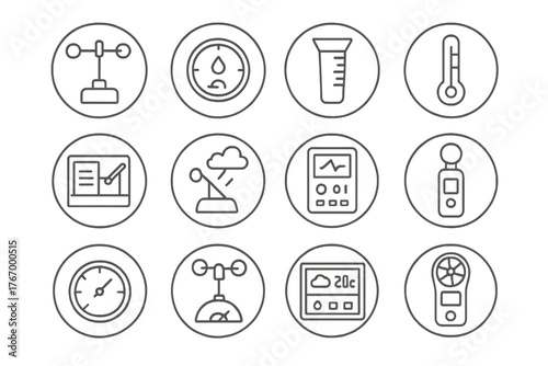 Weather Instrument Icons. Line style icons of weather instruments in round shape: anemometer, hygrometer, rain gauge, thermometer;