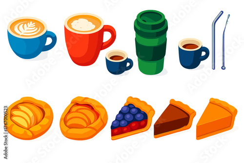 Coffee and Pastries Icons. Isometric vector illustration set Coffee Equipment and Breakfast Treats: latte cup, cappuccino mug,