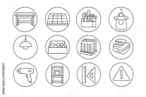 Glass Studio Essentials Icons. Line style round vector icons of Glass Studio Essentials: Workbench, Layout Board, Tool Caddy,