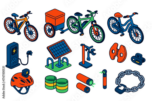 Electric Bike Icons. Isometric vector illustration set electric bicycle: sports commuter e-bike, cargo delivery trike, e-mountain