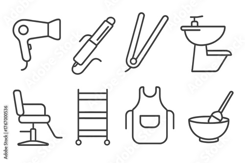 Salon Equipment Icons. Line style icons of Salon equipment: hair dryer, curling iron, flat iron, shampoo bowl, styling chair,