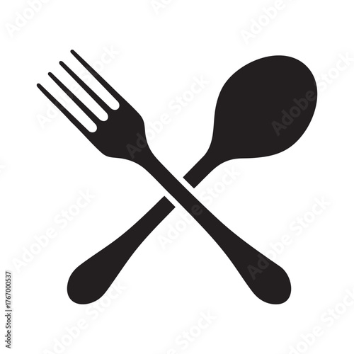 Stock photos of a set of isolated black fork, spoon, and knife cutlery on a white background for dining