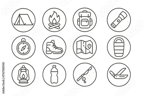 Camping Gear Icons. Line style circular vector icons of Camping: Tent, Campfire, Backpack, Flashlight; Compass, Hiking Boots, Map,