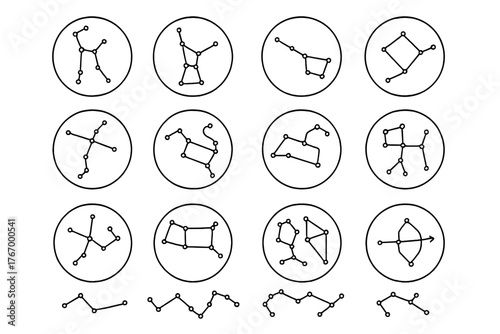 Zodiac Constellations Icons. Line style round vector icons of Star Constellations: Orion, Ursa Major, Cassiopeia, Cygnus; Scorpius
