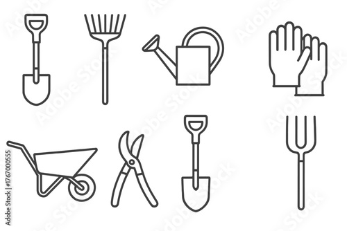 Gardening Tools Icons. Line style icons of Gardening tools: shovel, rake, watering can, gloves, wheelbarrow, pruning shears, spade