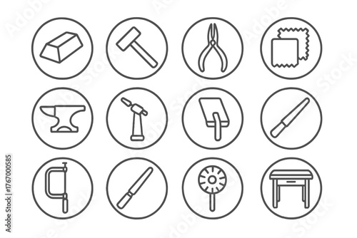 Silversmithing Tools Icons. Line style round vector icons of Silversmithing: Silver Ingot, Hammer, Jewelry Pliers, Polishing Cloth