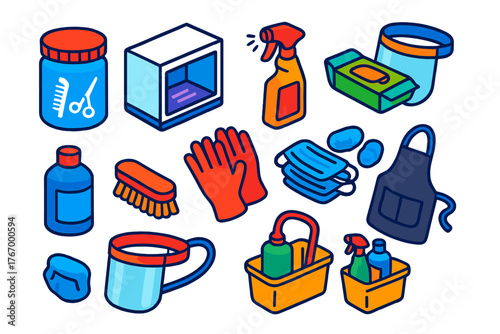 Bold Grooming Tools. Isometric vector illustration set Hairdressing and Grooming Tools: disinfectant jar, UV sterilizer, sanitizer