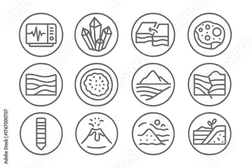 Geology Icon Circle. Line style icons of geology in round shape: seismograph, crystal formation, tectonic plates, mineral; rock