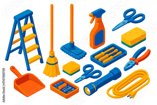 Colorful Household Tools Icons. Isometric vector illustration set Household Tools: step ladder, broom, mop, dustpan, cleaning