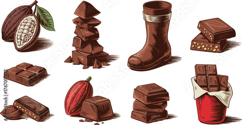 Chocolate pieces, cocoa pods, nut-filled bars, caramel sweets, wrapped treats, dessert illustration, snack design, food art, gourmet theme, packaging concept