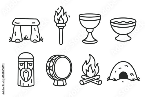Viking Ritual Icons. Line style icons of Viking rituals: stone altar, torch, chalice, sacrifice bowl, carved idol, drum, fire pit,