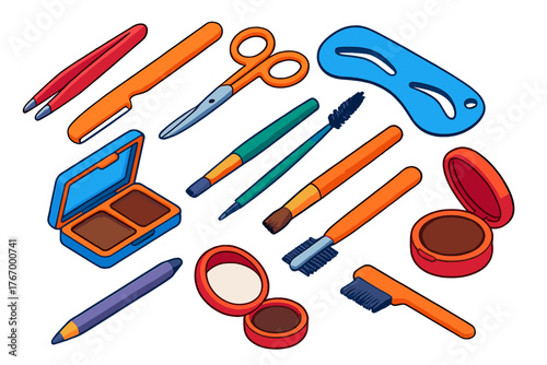 Brow Essentials Collection. Isometric vector illustration set Makeup Essentials and Accessories: tweezers, eyebrow razor, brow