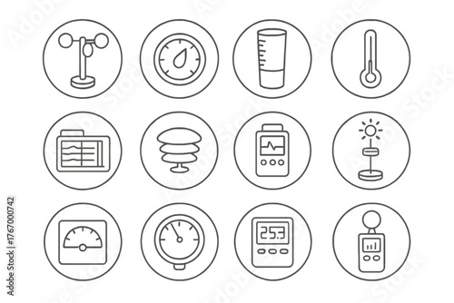 Weather Instrument Icons. Line style icons of weather instruments in round shape: anemometer, hygrometer, rain gauge, thermometer;