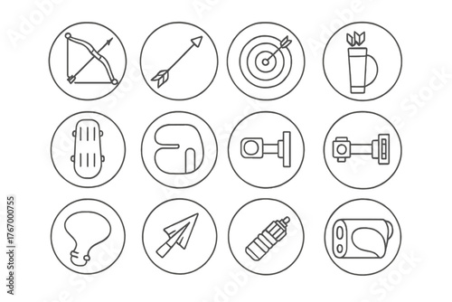 Archery Equipment Icons. Line style circular vector icons of Archery: Bow, Arrow, Target, Quiver; Arm Guard, Finger Tab, Arrow