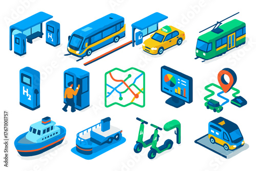 Hydrogen Transport Icons. Isometric vector illustration set Hydrogen-Powered Public Transport: hydrogen bus station, hydrogen