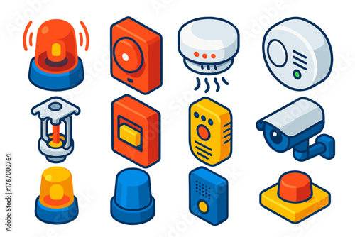 Safety Warning Icons. Isometric vector illustration set Safety and Warning: emergency siren, wall-mounted alarm, smoke detector,