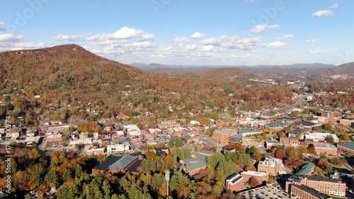 Sunset Aerial Drone View of Boone, North Carolina in the Glowing Autumn Sun With Bright Fall Foliage