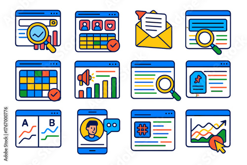 Digital Marketing Tools. Isometric vector illustration set Digital Marketing Applications: SEO dashboard, social media scheduler,