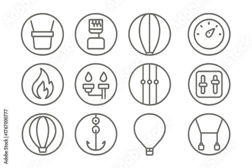 Hot Air Balloon Icons. Line style icons of hot air balloon in round shape: basket, burner, envelope, altimeter; flame jet, pilot