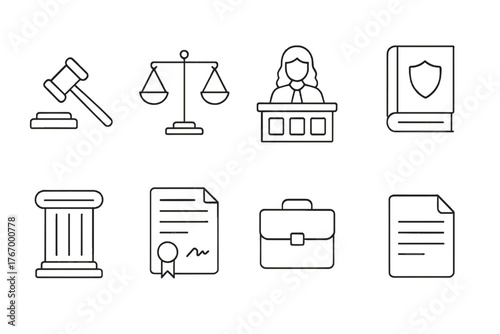 Law Icons Collection. Line style icons of Court and Justice: Gavel, Scales, Judge Bench, Law Book, Column, Contract, Briefcase,