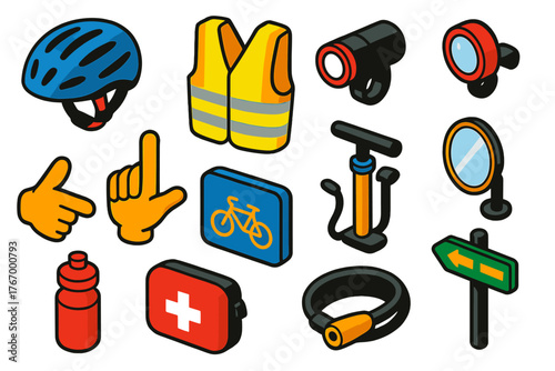 Cycling Safety Icons. Isometric vector illustration set Cycling Safety Icons: bike helmet, reflective vest, bicycle light, bike