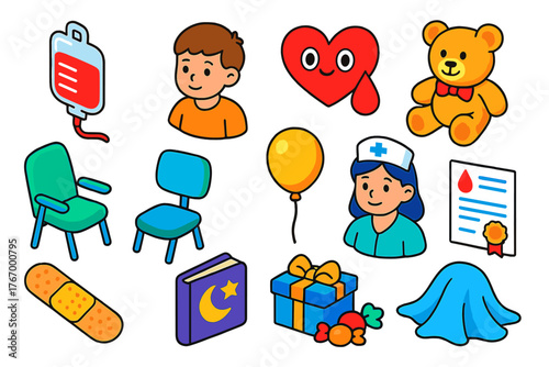 Pediatric Blood Donation Icons. Isometric vector illustration set Pediatric Blood Donation: small blood bag, child patient icon,