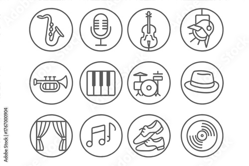 Jazz Icons in Circle. Line style icons of jazz in round shape: saxophone, microphone, double bass, spotlight; trumpet, piano keys,
