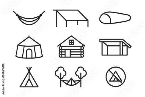 Camping Shelter Icons. Line style icons of Camping shelter: hammock, tarp, bivy sack, yurt, cabin, lean-to, tipi, tree tent, No