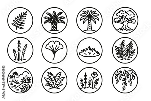Prehistoric Plant Icons. Line style icons of prehistoric plants in round shape: fern leaf, cycads, giant palm, ancient tree;
