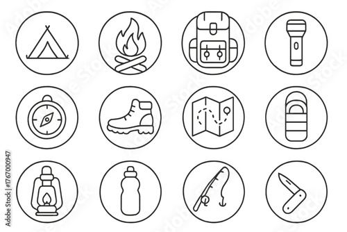 Camping Gear Icons. Line style circular vector icons of Camping: Tent, Campfire, Backpack, Flashlight; Compass, Hiking Boots, Map,
