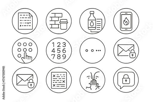Covert Communication Icons. Line style icons of covert communication in round shape: coded message, dead drop, invisible ink,